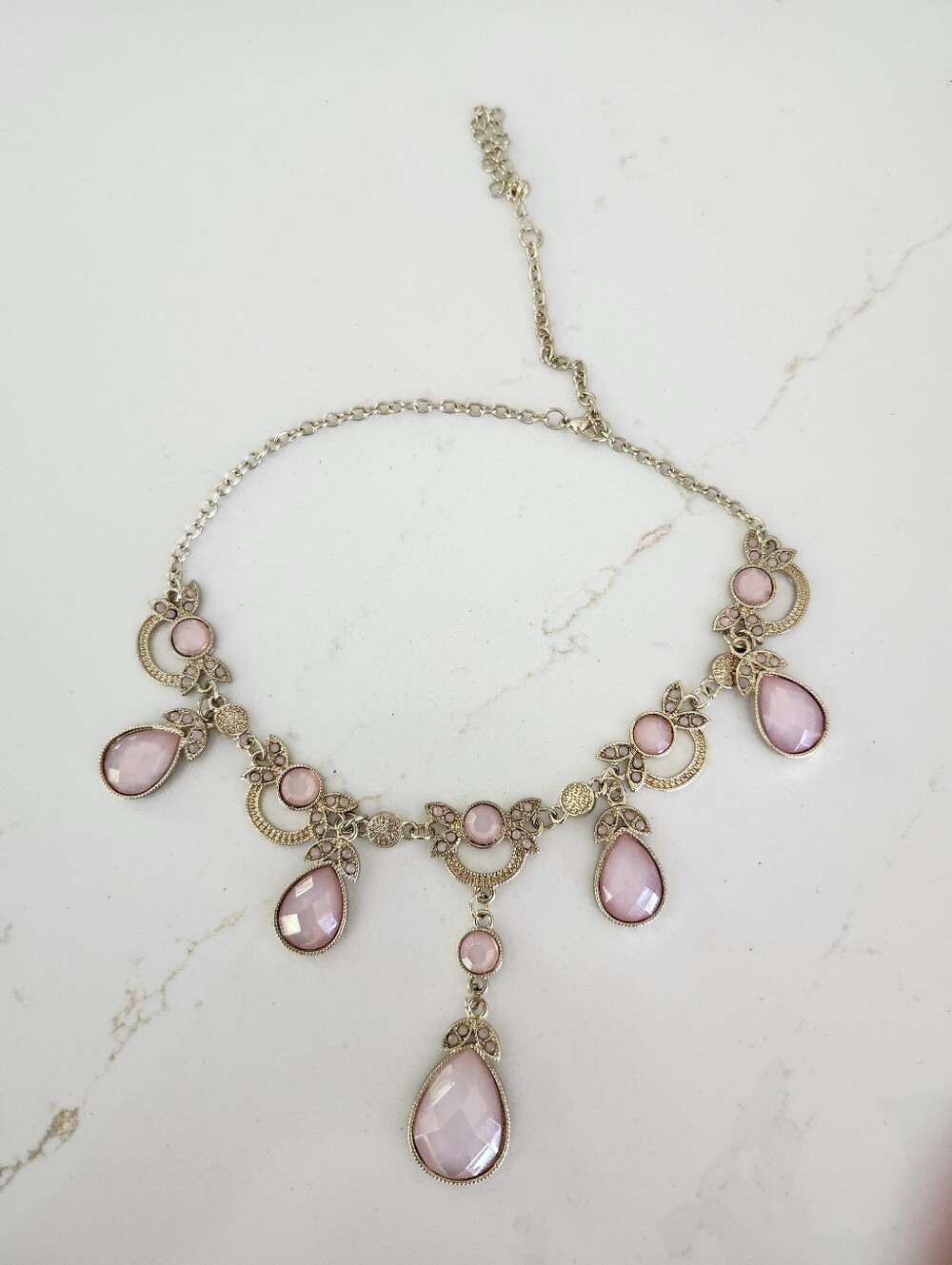 Festoon Gold Tone Choker Vintage Necklace with Pastel Pink Teardrop Gems